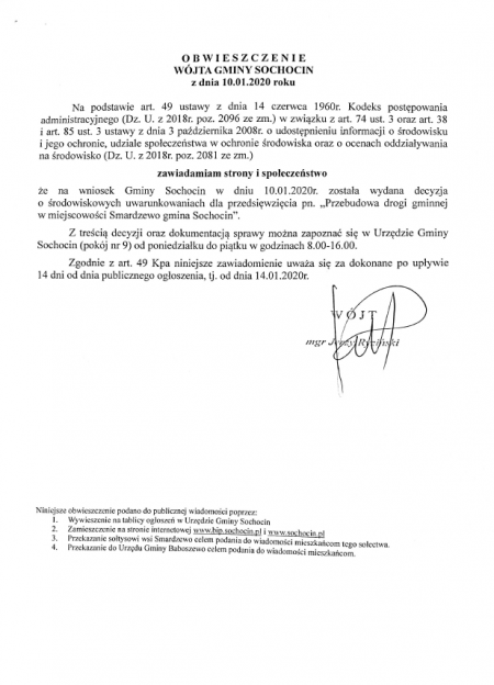 Obwieszczenie Wójta Gminy Sochocin z dnia 10.01.2020