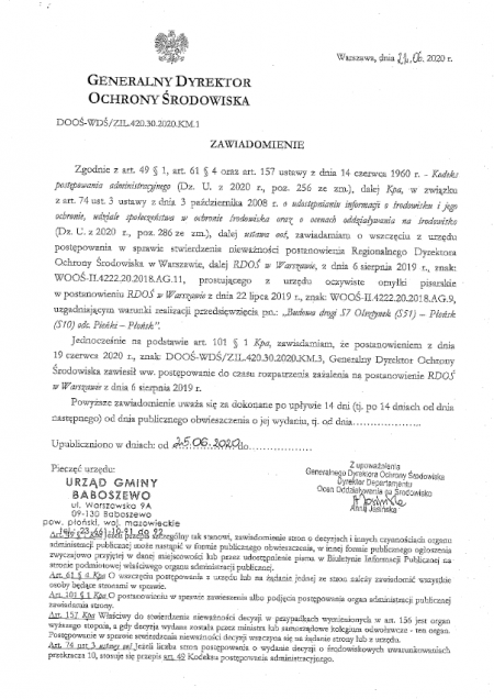 Obwieszczenie Generalnego Dyrektora Ochrony Środowiska - DOOŚ-WDŚ/ZIL.420.30.2020.KM.1