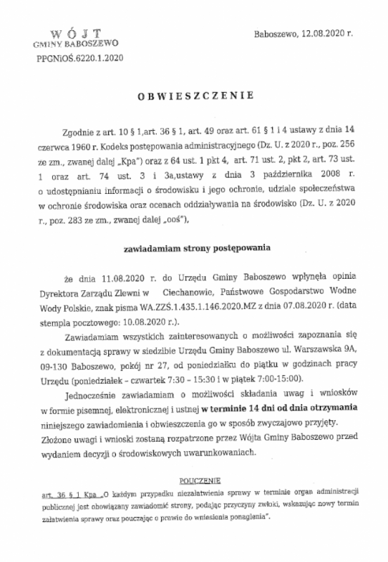 Obwieszczenie Wójta Gminy Baboszewo PPGNiOŚ.6220.1.2020 z dnia 12.08.2020 r.